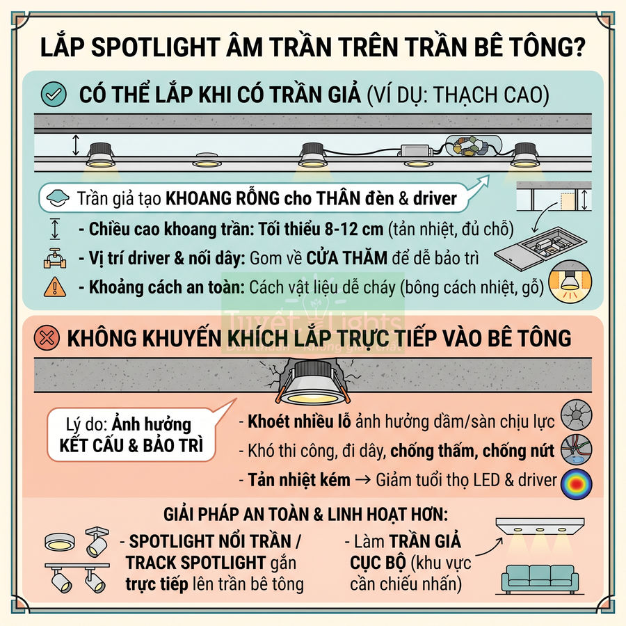 Hướng dẫn lắp đèn spotlight âm trần trên trần bê tông, so sánh trần giả và lắp trực tiếp, kèm giải pháp an toàn