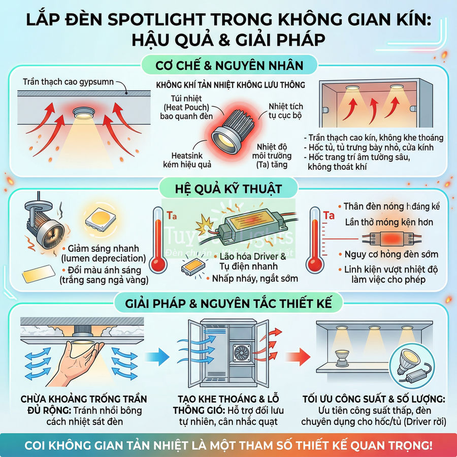 Infographic hướng dẫn lắp đèn spotlight trong trần thạch cao kín, nêu hậu quả quá nhiệt và giải pháp tản nhiệt an toàn