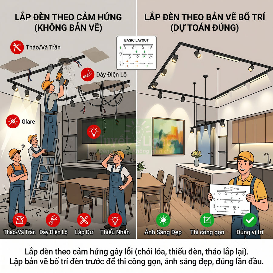 So sánh lắp đặt hệ thống đèn trần bếp ngẫu hứng và theo bản vẽ bố trí chi tiết