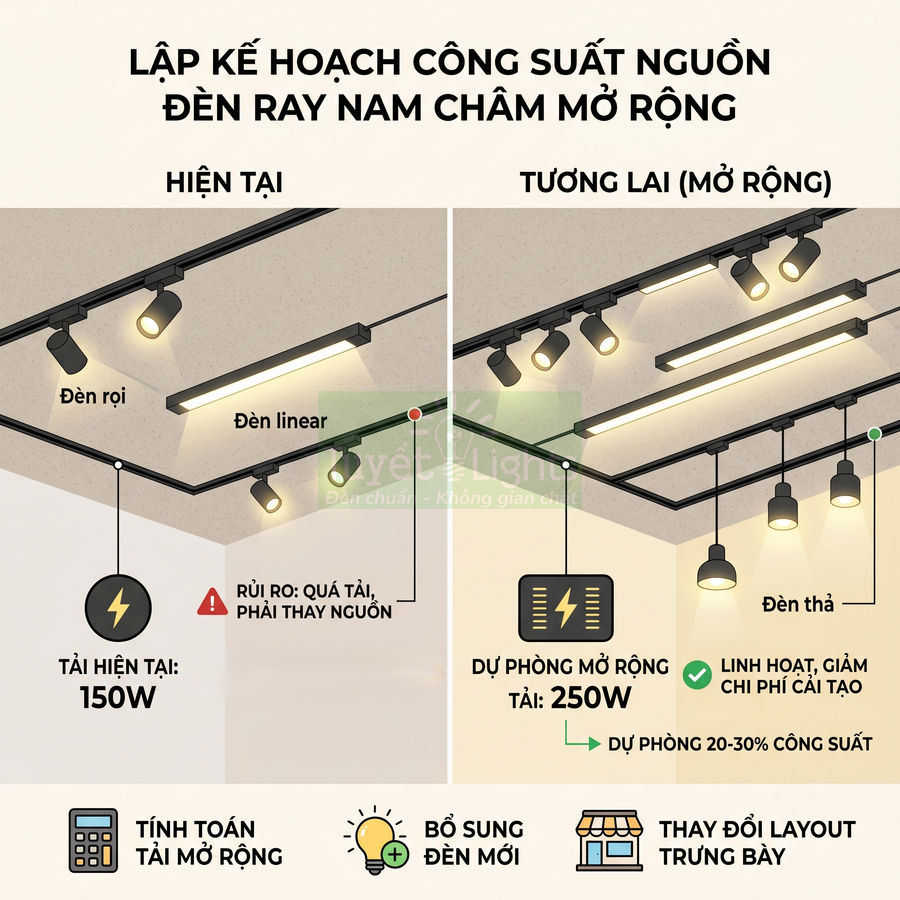 So sánh hệ thống đèn ray nam châm hiện tại và mở rộng với đèn rọi, đèn linear, đèn thả trong phòng trưng bày