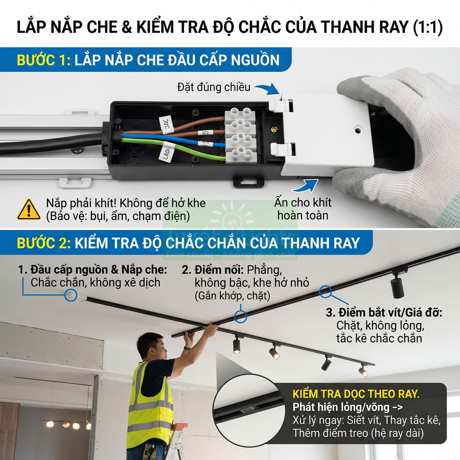 Hướng dẫn lắp nắp che đầu cấp nguồn và kiểm tra độ chắc chắn của thanh ray đèn chiếu sáng trần nhà