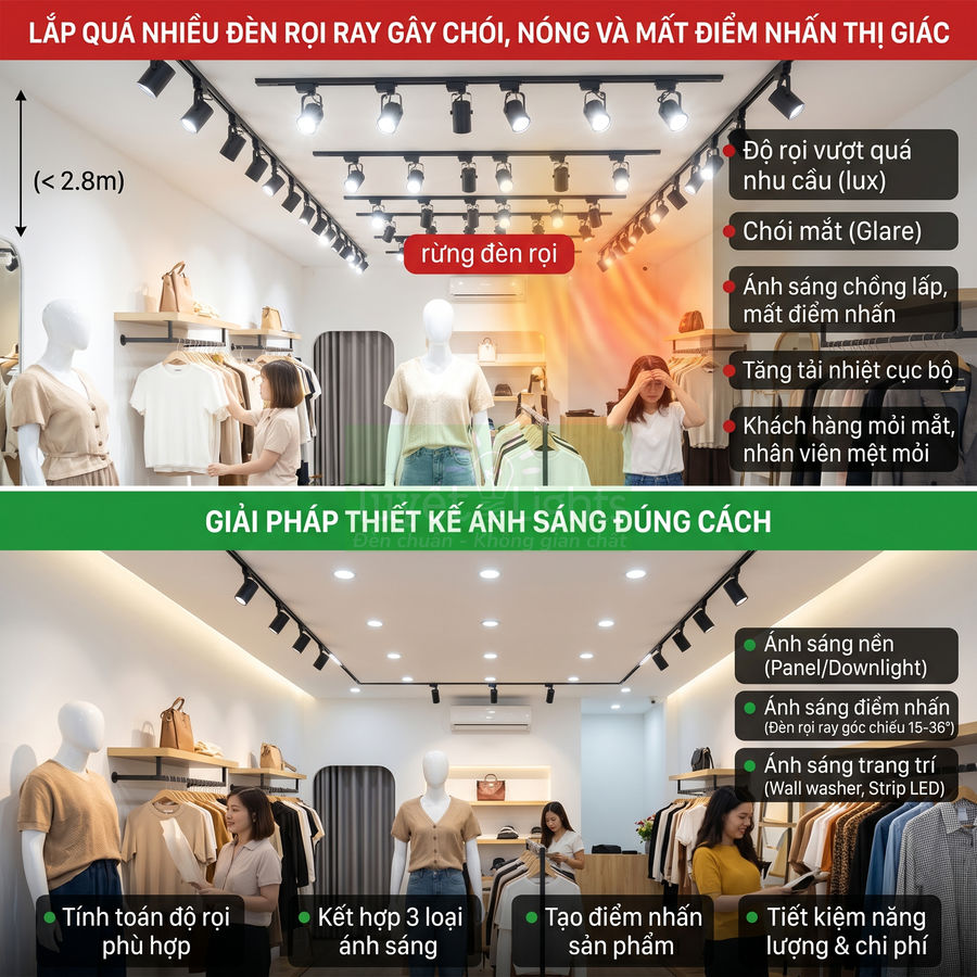 So sánh thiết kế đèn rọi ray trong cửa hàng quần áo, minh họa cách bố trí ánh sáng đúng để làm nổi bật sản phẩm
