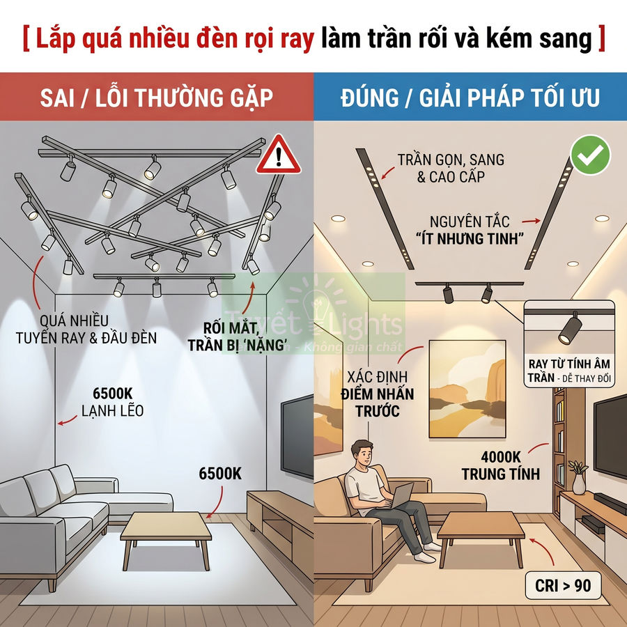 So sánh lắp đặt đèn rọi ray trần sai và đúng, gợi ý bố trí đèn ray âm trần tối ưu cho phòng khách