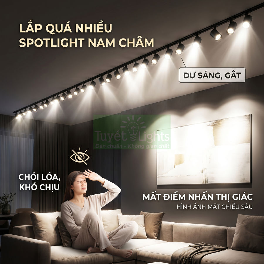 Phòng khách lắp quá nhiều đèn spotlight nam châm Tuyết Lights gây chói lóa và mất điểm nhấn thị giác