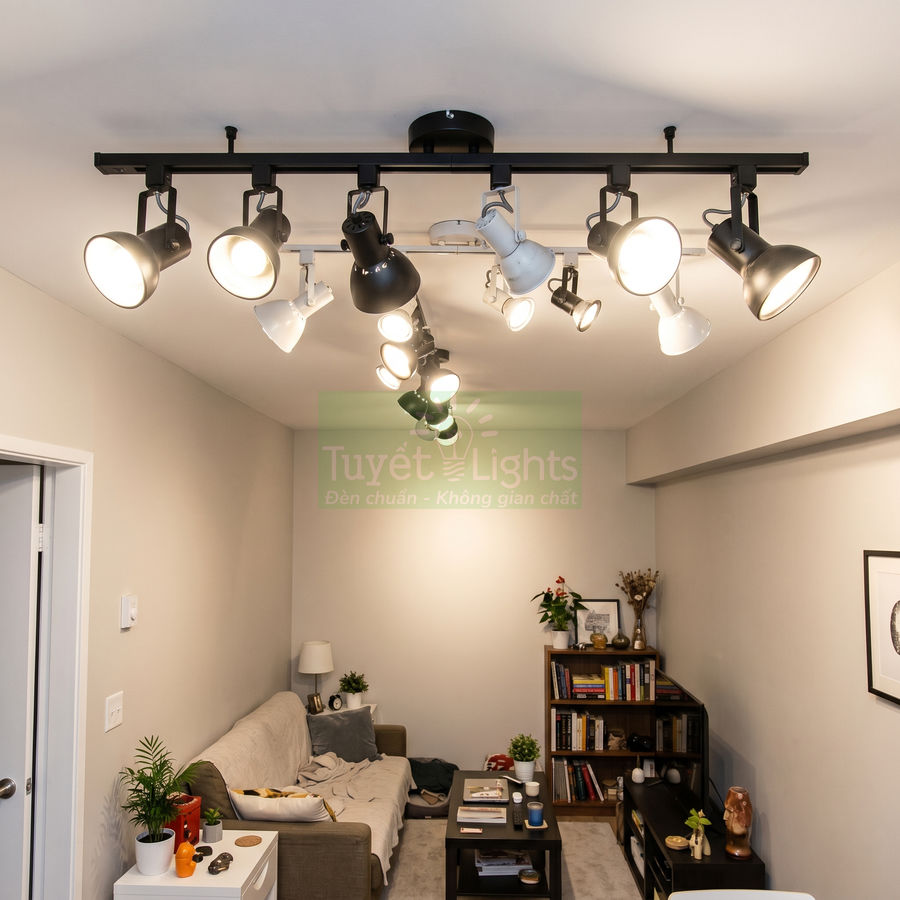Đèn rọi ray Tuyết Lights chiếu sáng phòng khách nhỏ hiện đại với sofa và kệ sách