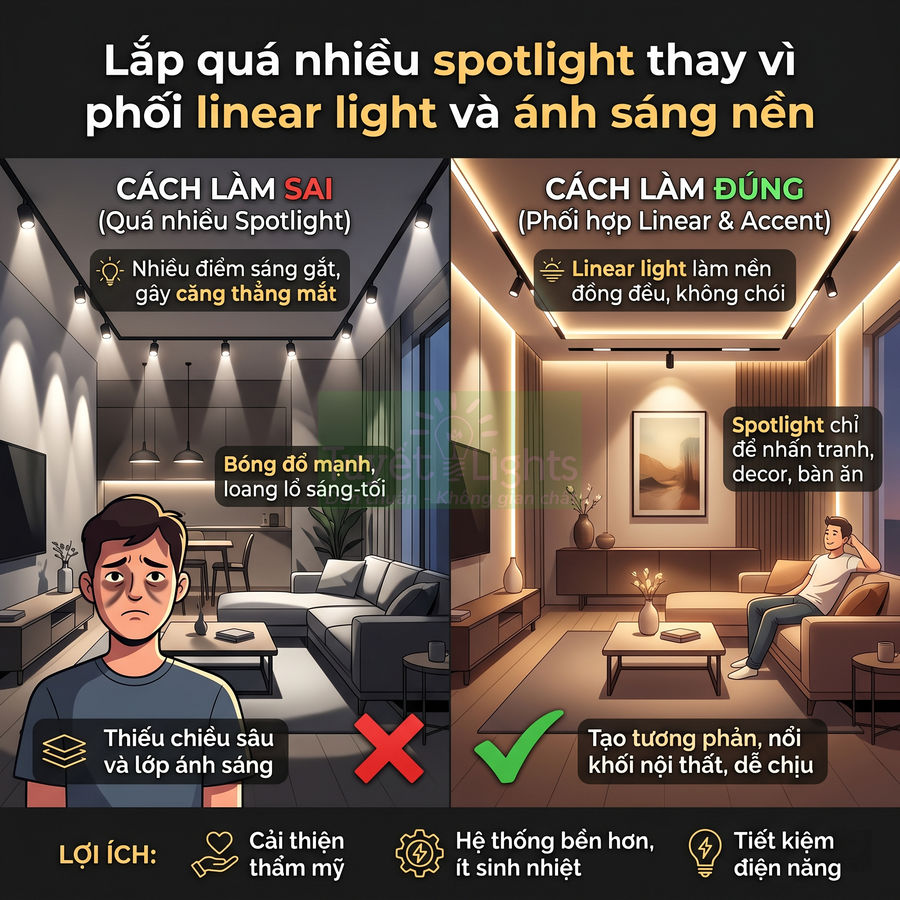 So sánh phòng khách dùng quá nhiều spotlight với phòng dùng linear light và spotlight phối hợp hài hòa