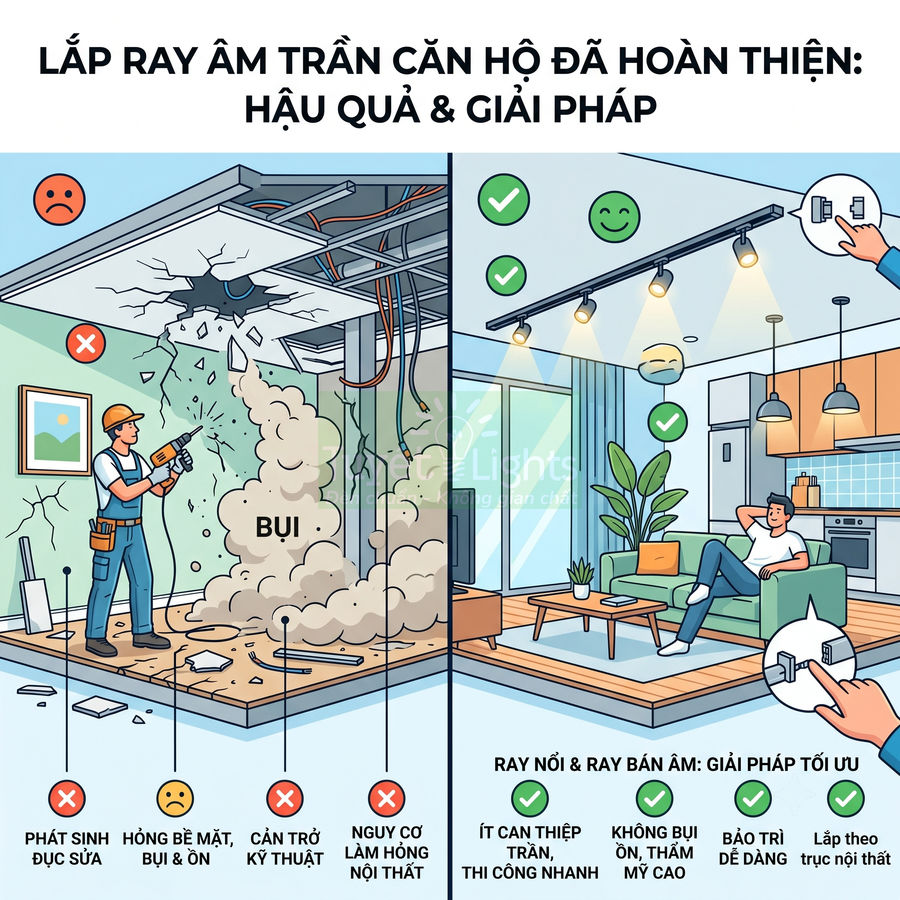 So sánh lắp ray âm trần gây bụi hỏng trần với giải pháp ray nổi, ray bán âm chiếu sáng gọn đẹp cho căn hộ