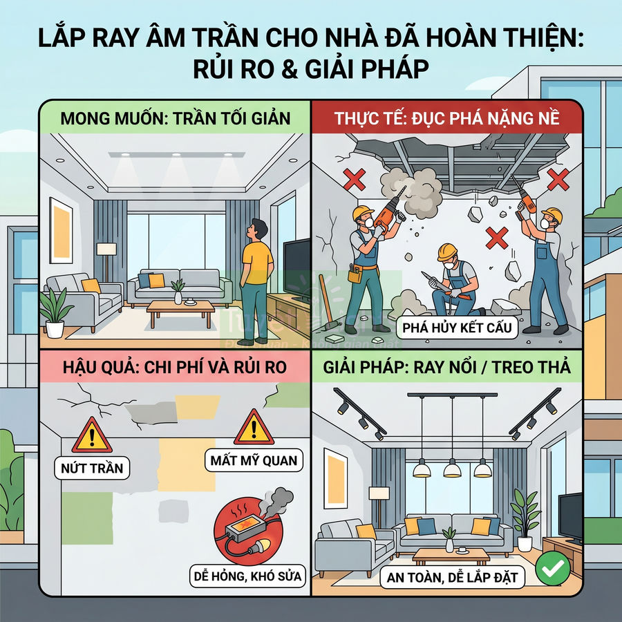 Minh họa rủi ro lắp ray âm trần cho nhà hoàn thiện và giải pháp dùng ray nổi treo thả an toàn