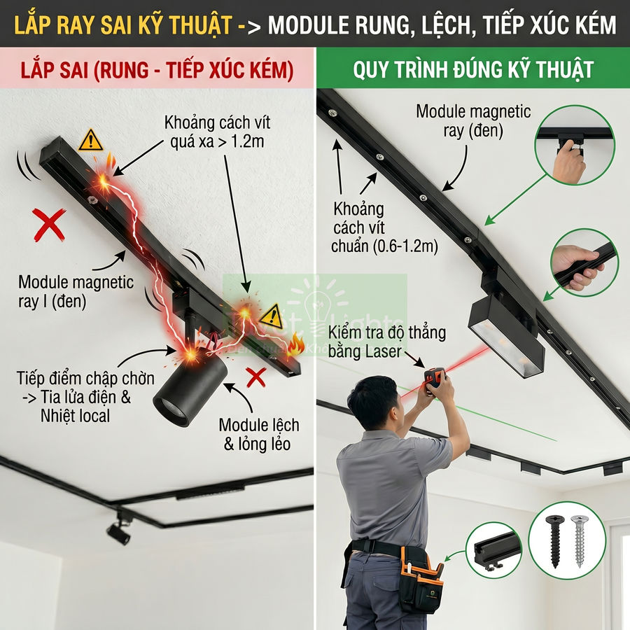 Hướng dẫn lắp đặt ray đèn từ tính đúng kỹ thuật với ví dụ lắp sai gây rung và chập điện