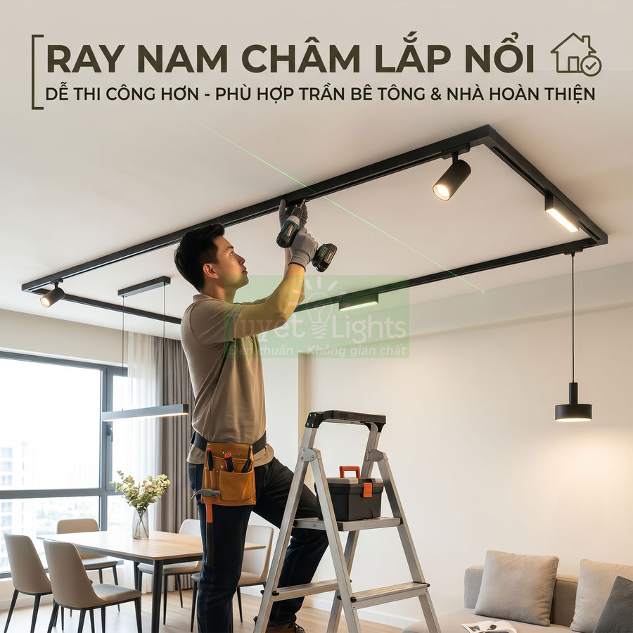 Thợ điện lắp đặt ray đèn nam châm lắp nổi trên trần phòng khách hiện đại