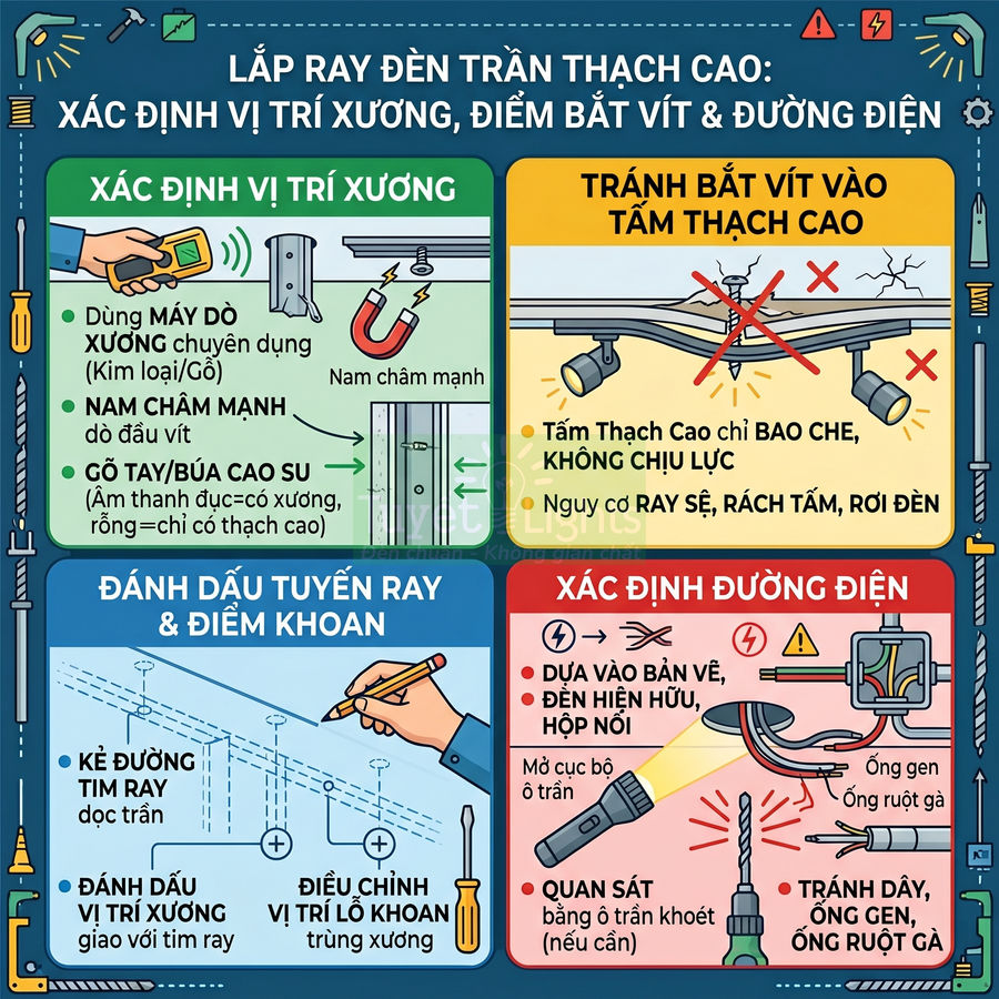 Hướng dẫn lắp ray đèn trần thạch cao với các bước xác định vị trí xương, điểm khoan và đường điện