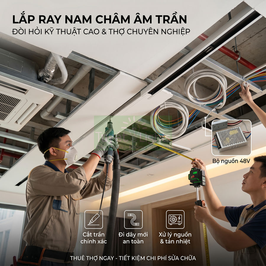 Thợ điện lắp đặt ray nam châm âm trần và bộ nguồn 48V cho hệ thống chiếu sáng trong nhà