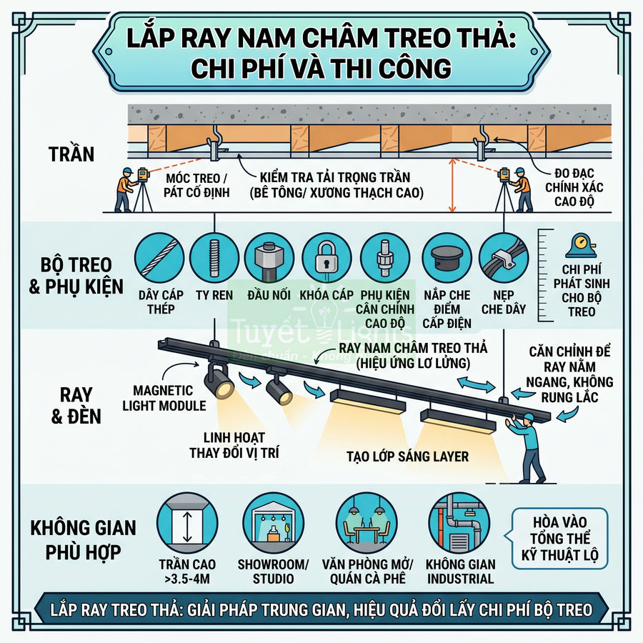 Hướng dẫn lắp ray nam châm treo thả cho hệ thống đèn chiếu sáng trần nhà văn phòng, showroom