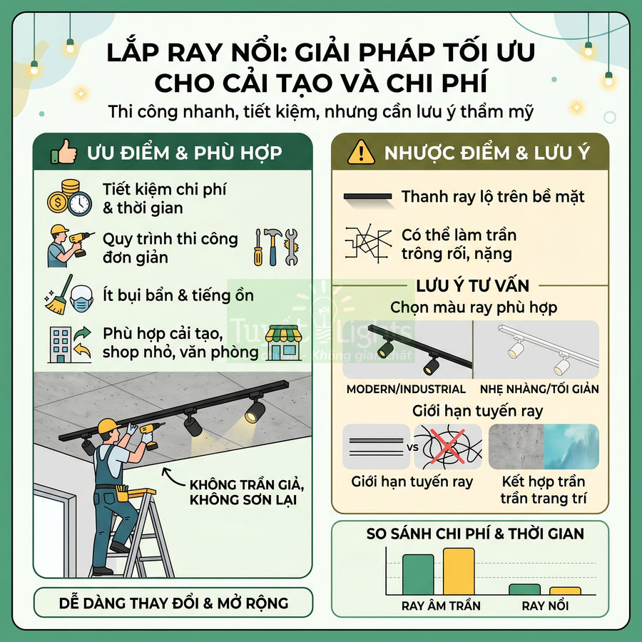 Infographic giới thiệu ưu nhược điểm và lưu ý khi lắp đặt hệ thống đèn ray nổi cho trần nhà