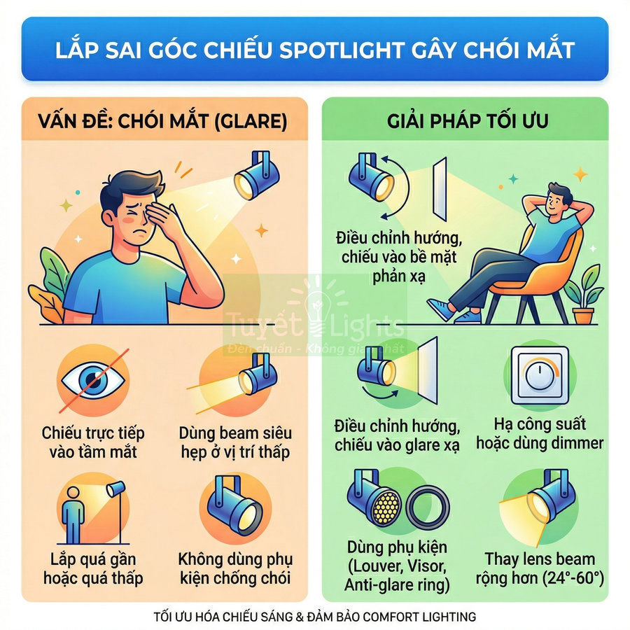 Hướng dẫn lắp đặt đèn spotlight chống chói mắt với các giải pháp điều chỉnh góc chiếu và phụ kiện chống chói