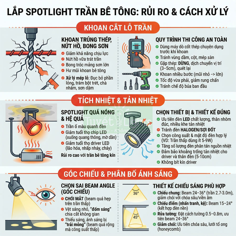 Hướng dẫn lắp đèn spotlight trần bê tông, cảnh báo rủi ro khoan cắt, tản nhiệt và chọn góc chiếu an toàn