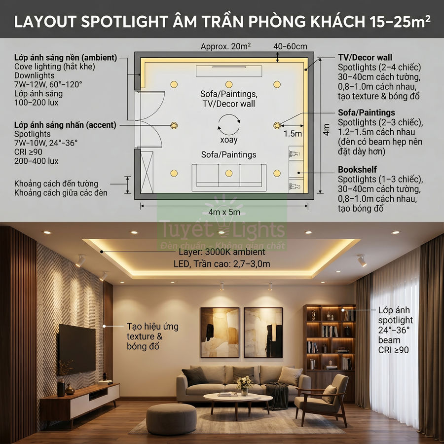 Layout đèn spotlight âm trần Tuyết Lights cho phòng khách 15–25m2 với sofa, kệ tivi và tủ sách