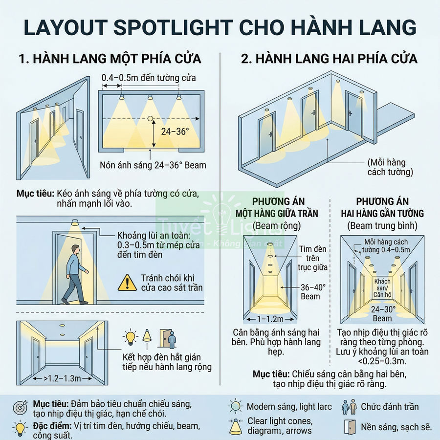 Hướng dẫn bố trí đèn spotlight âm trần cho hành lang một phía và hai phía cửa, khoảng cách và góc chiếu sáng