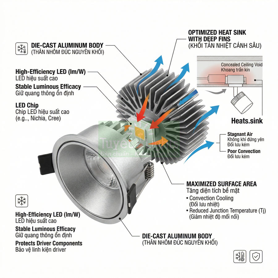 Cấu tạo đèn LED âm trần thân nhôm đúc với chip LED hiệu suất cao và khối tản nhiệt cánh sâu