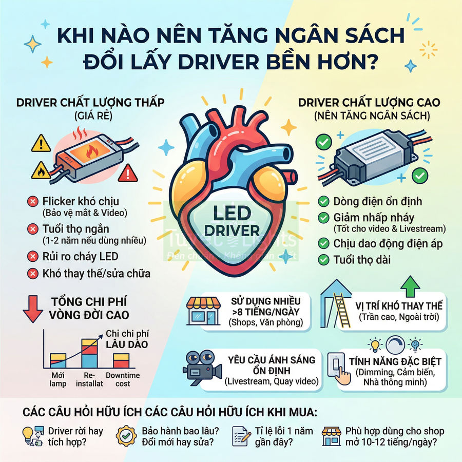 Infographic so sánh driver LED giá rẻ và driver LED chất lượng cao, khuyến nghị tăng ngân sách chọn driver bền hơn