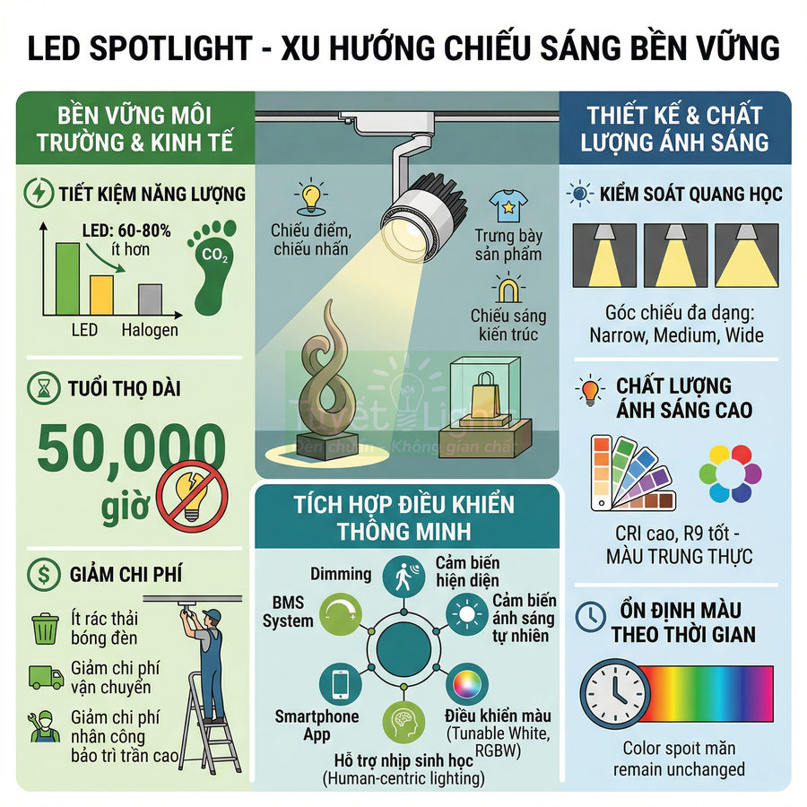Infographic giới thiệu đèn LED spotlight chiếu điểm tiết kiệm năng lượng, tuổi thọ cao và điều khiển thông minh