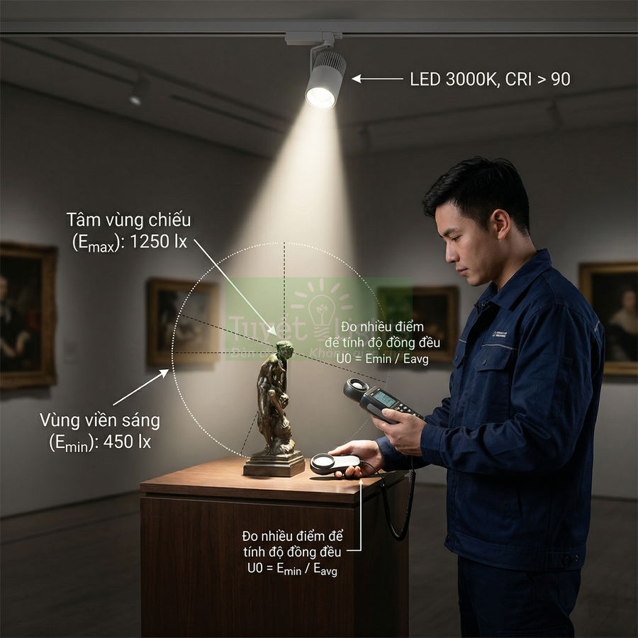 Đèn rọi ray LED 3000K chiếu tượng trong bảo tàng, kỹ thuật viên dùng máy đo độ rọi ánh sáng