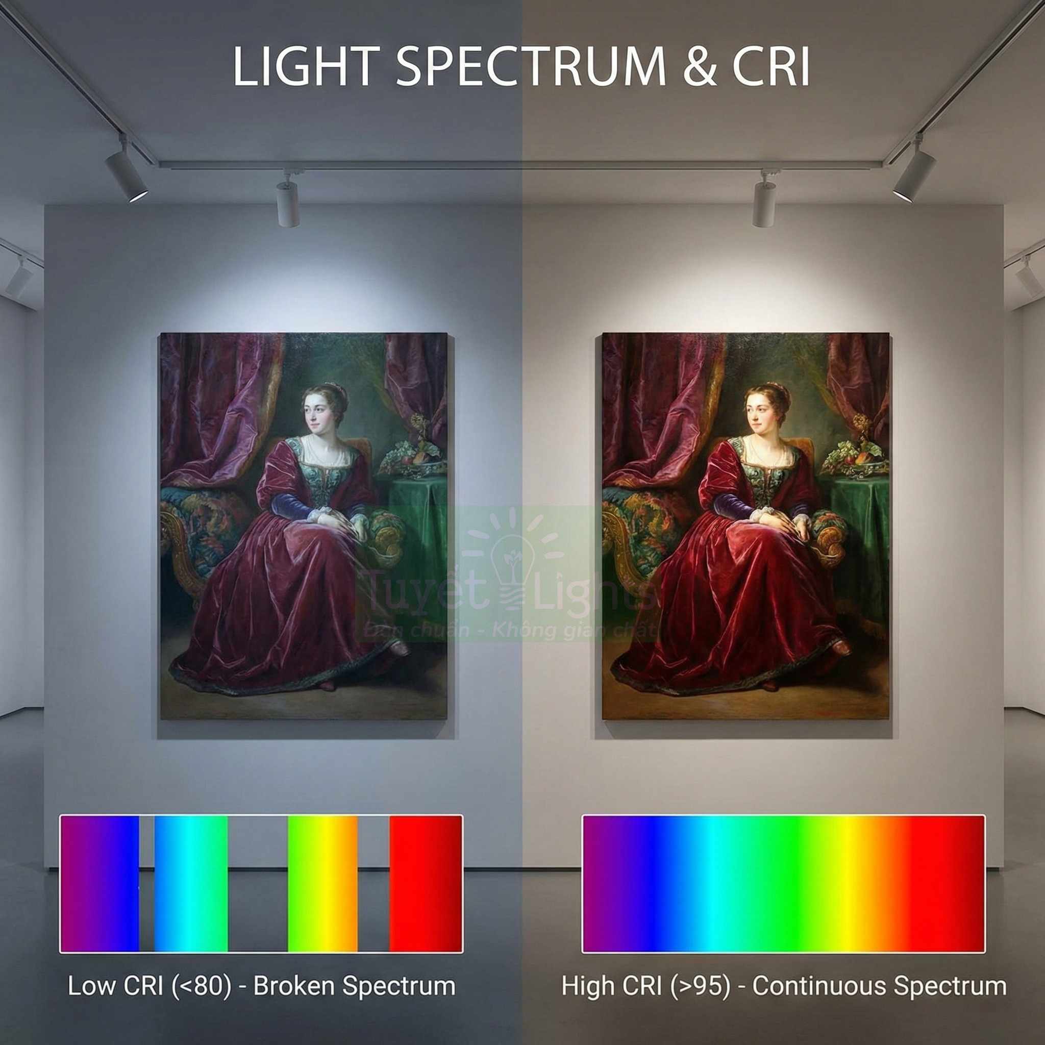 So sánh tranh treo tường dưới ánh sáng CRI thấp và CRI cao, minh họa dải quang phổ đèn LED