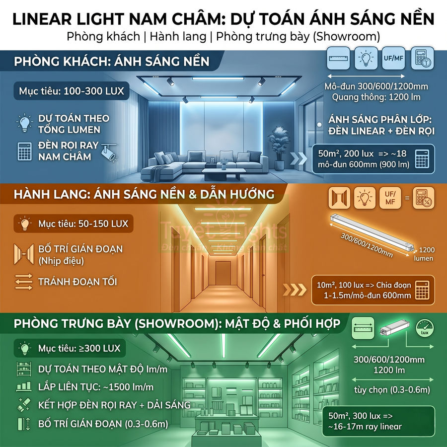 Hướng dẫn bố trí đèn linear nam châm cho phòng khách, hành lang và phòng trưng bày với thông số lumen và khoảng cách lắp đặt