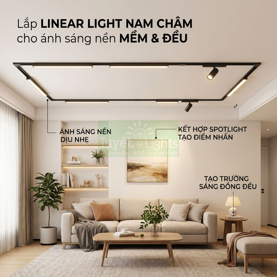 Đèn linear light nam châm trên trần phòng khách hiện đại tạo ánh sáng nền mềm và đều