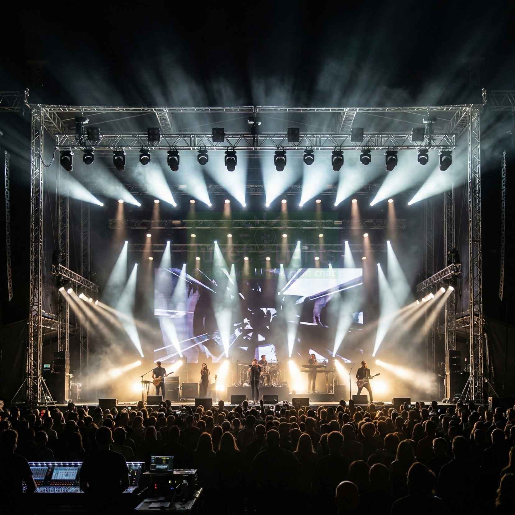 Sân khấu hòa nhạc ngoài trời với hệ thống ánh sáng và âm thanh chuyên nghiệp trước đám đông khán giả