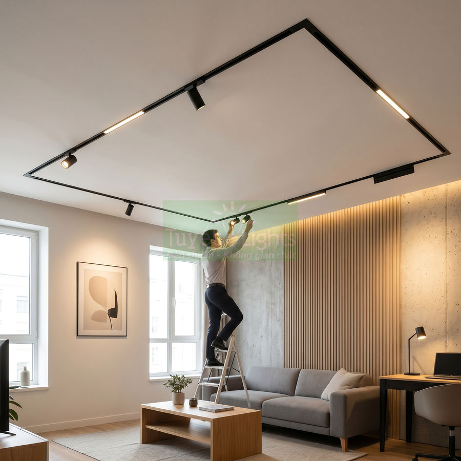 Đèn rọi ray trần phòng khách hiện đại màu đen, người đàn ông đang lắp đặt trên trần nhà