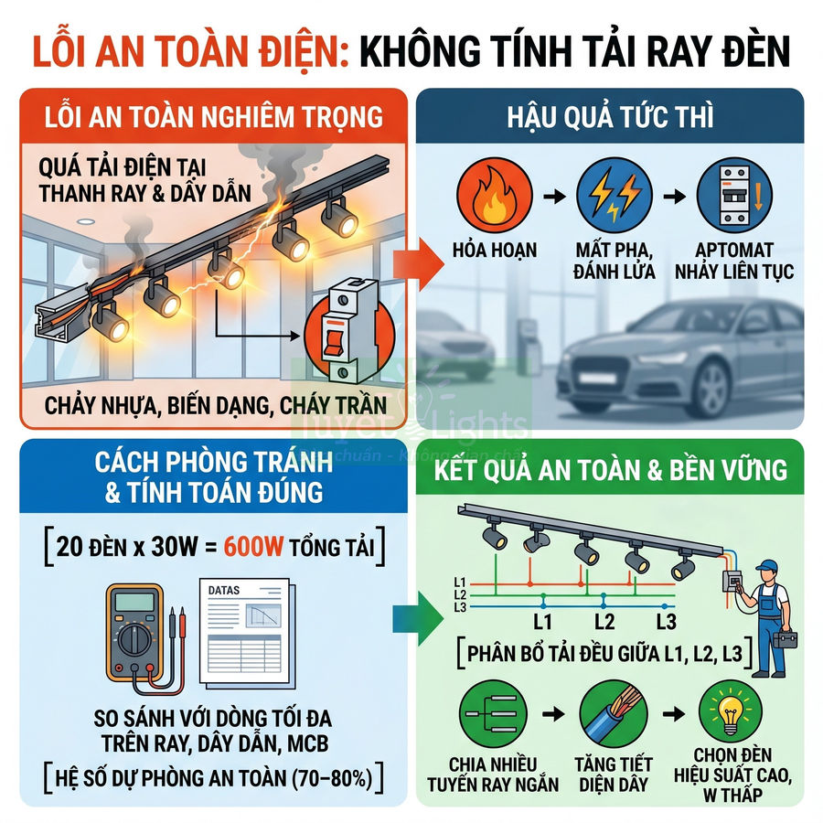 Hướng dẫn tính tải ray đèn chiếu sáng để tránh quá tải dây dẫn, cháy nổ và đảm bảo an toàn điện