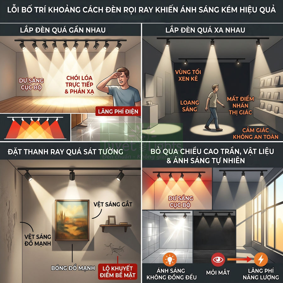 Minh họa các lỗi bố trí đèn rọi ray trong nội thất khiến ánh sáng không đều, chói lóa và lãng phí điện