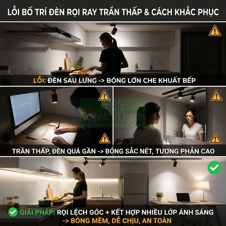 Đèn rọi ray trần thấp chiếu lệch góc cho bếp và bàn làm việc, tạo ánh sáng mềm, giảm bóng đổ, không chói mắt