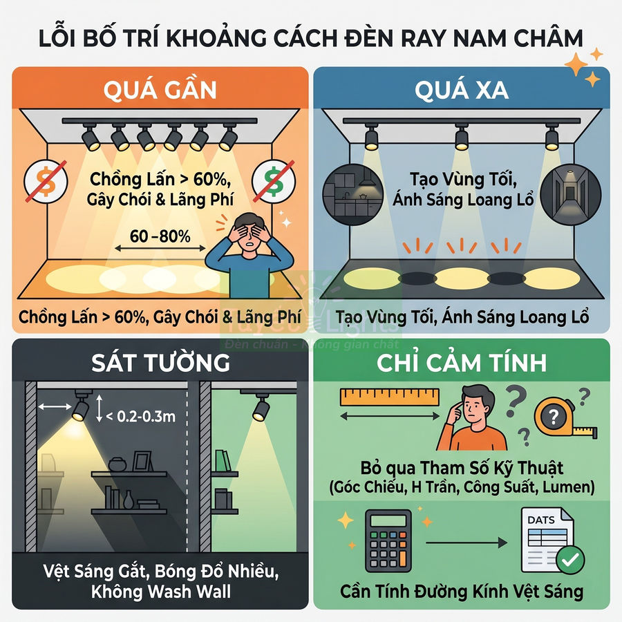 Minh họa các lỗi bố trí khoảng cách đèn ray nam châm: quá gần, quá xa, sát tường và lắp đặt chỉ cảm tính