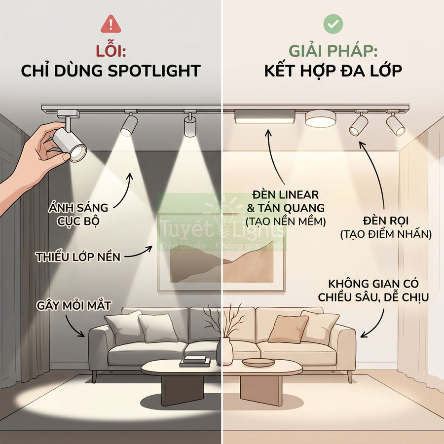 So sánh phòng khách dùng đèn spotlight đơn lẻ và phòng dùng đèn linear, đèn rọi kết hợp tạo ánh sáng dễ chịu