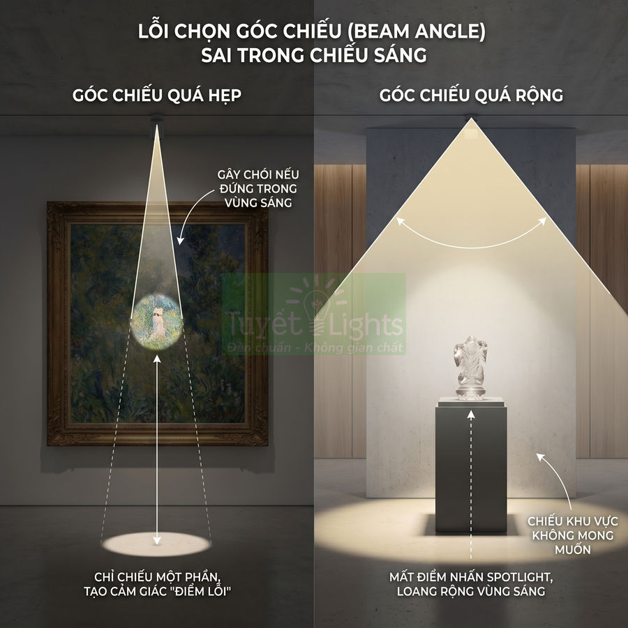 Minh họa lỗi chọn góc chiếu đèn spotlight quá hẹp và quá rộng khi chiếu tranh và tượng trưng bày