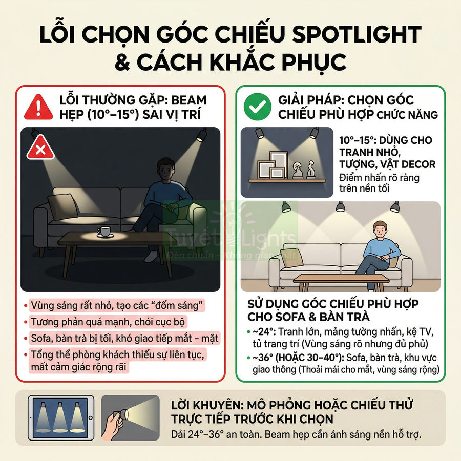Hướng dẫn chọn góc chiếu đèn spotlight cho sofa và bàn trà trong phòng khách để tránh vùng sáng chói hẹp