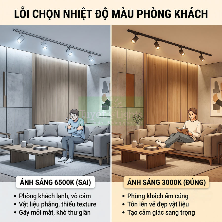 So sánh đèn rọi ray phòng khách ánh sáng trắng 6500K và ánh sáng vàng 3000K tạo cảm giác khác nhau