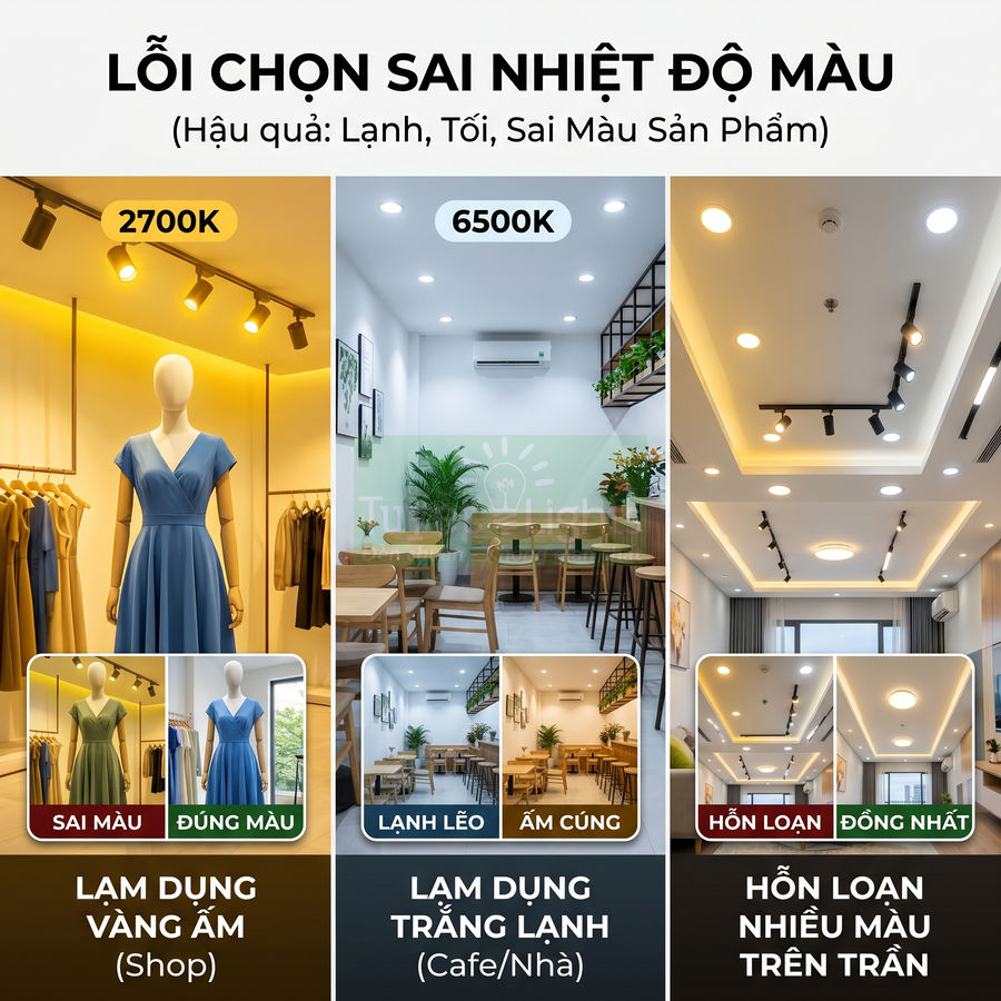 So sánh nhiệt độ màu đèn LED 2700K và 6500K ảnh hưởng đến màu sắc sản phẩm và không gian nội thất
