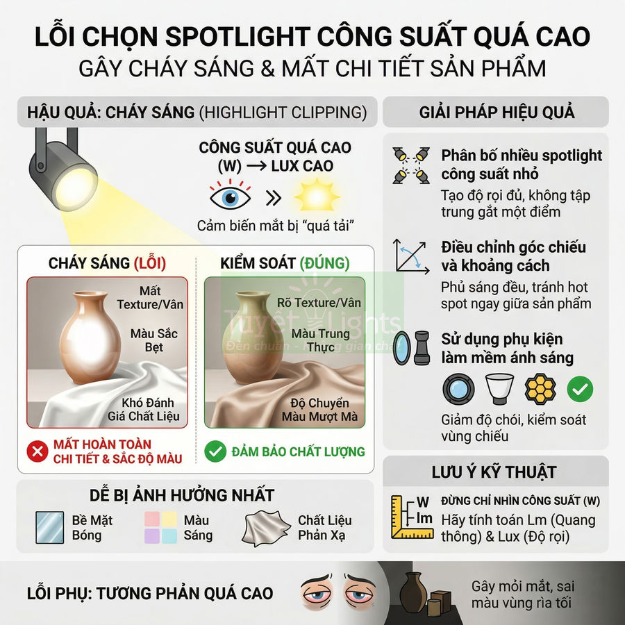 Minh họa lỗi chọn spotlight công suất cao gây cháy sáng sản phẩm và cách điều chỉnh ánh sáng đúng