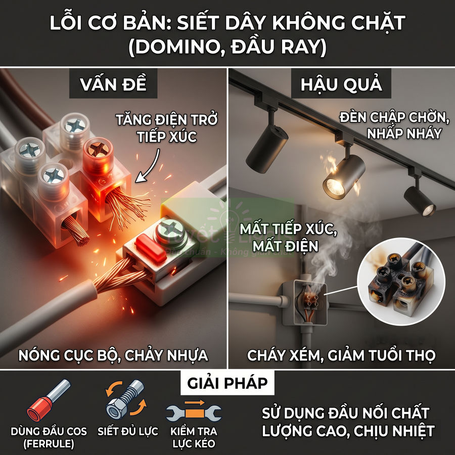 Minh họa lỗi siết dây domino lỏng gây nóng chảy nhựa, cháy đèn ray và giải pháp dùng đầu nối điện chất lượng cao