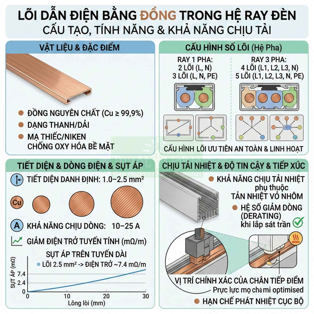 Lõi dẫn điện bằng đồng trong ray đèn, cấu tạo vật liệu, tiết diện, khả năng chịu tải và tản nhiệt