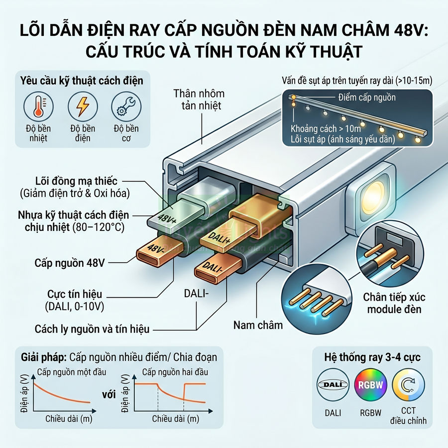 Cấu tạo lõi dẫn điện ray nam châm 48V cho hệ thống đèn ray từ, cáp nguồn và chân tiếp xúc module đèn