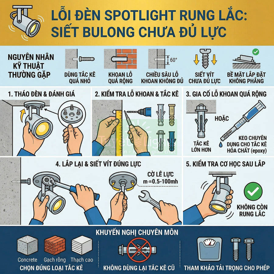 Hướng dẫn khắc phục lỗi đèn spotlight rung lắc do siết bulong chưa đủ lực và chọn sai tắc kê