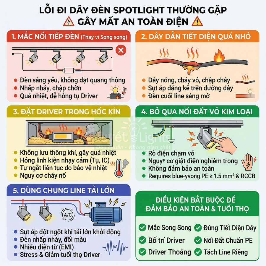 Infographic lỗi đi dây đèn spotlight thường gặp và điều kiện lắp đặt an toàn, tăng tuổi thọ hệ thống chiếu sáng