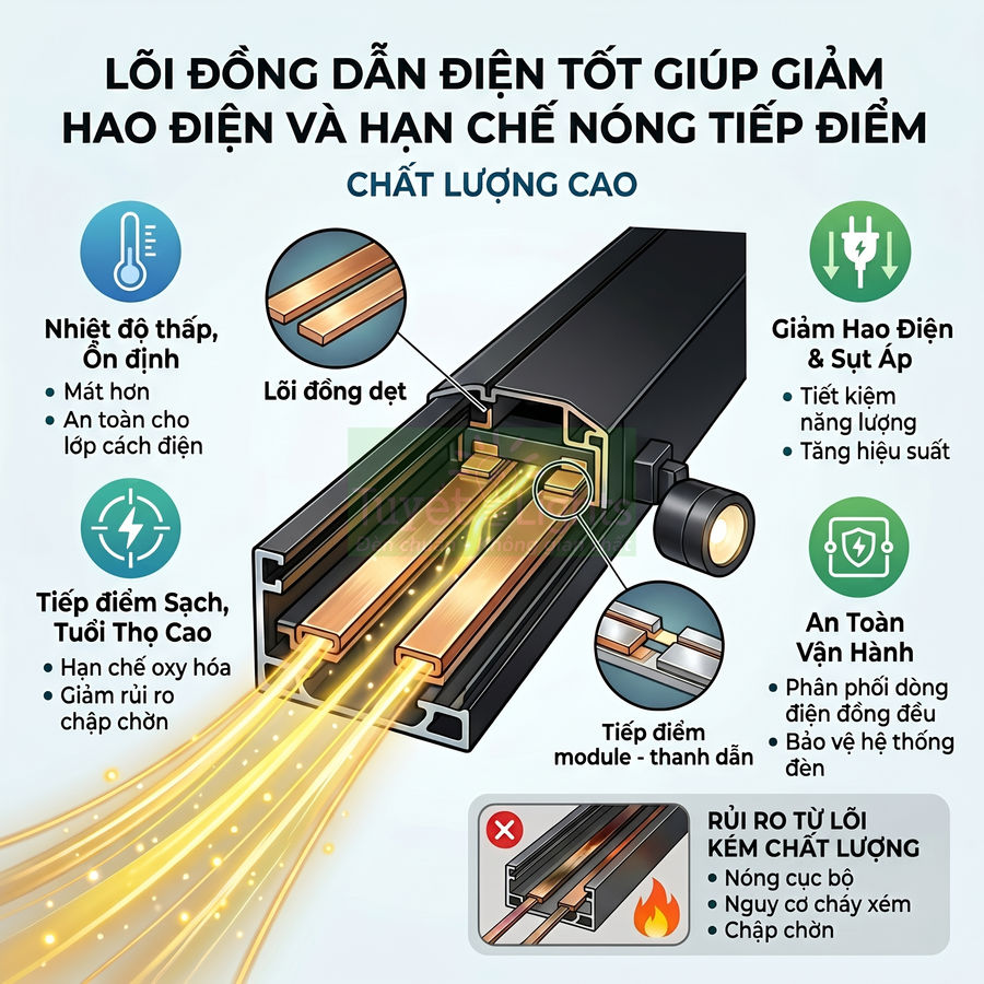 Cấu tạo thanh ray đèn với lõi đồng dẫn điện chất lượng cao giúp giảm hao điện, tản nhiệt tốt và an toàn khi vận hành