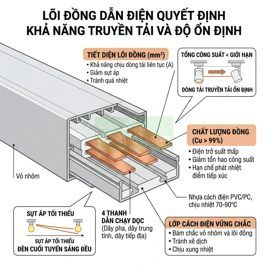 Cấu tạo thanh ray nhôm lõi đồng dẫn điện, 4 thanh dẫn chạy dọc với lớp cách điện PVC PC chịu nhiệt cao