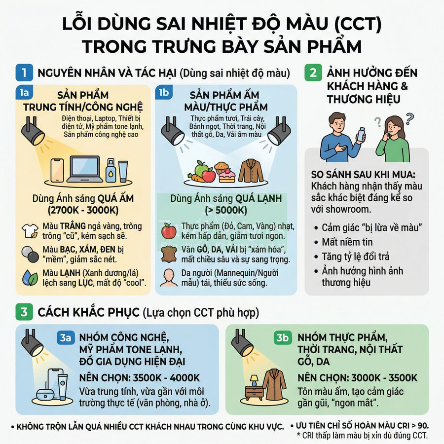 Infographic lỗi dùng sai nhiệt độ màu CCT trong trưng bày sản phẩm công nghệ, thực phẩm, thời trang và cách khắc phục
