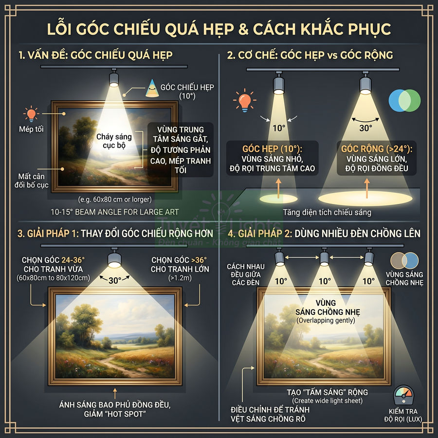 Hướng dẫn chọn góc chiếu đèn tranh treo tường để tránh cháy sáng cục bộ và phân bổ ánh sáng đồng đều